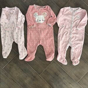 Set of 3 Pink Baby Footie Pajamas Size 6M